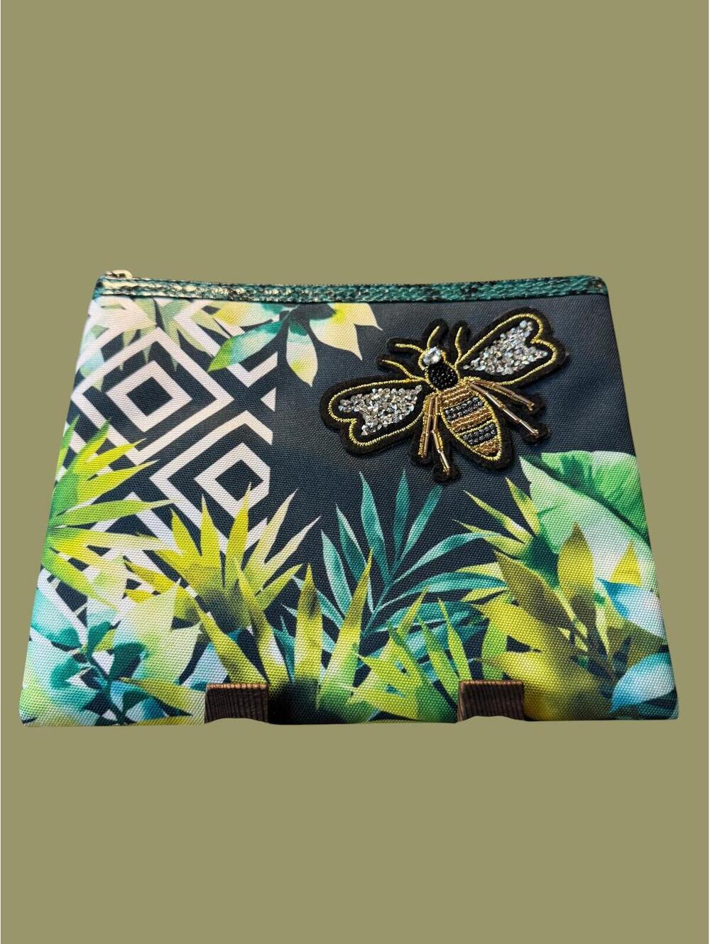 Papyrus Tropical Print Zip Pouch Clutch with Bee Embellished